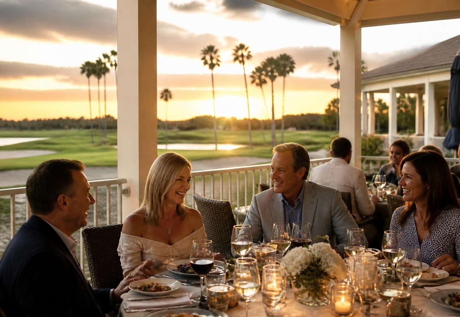 Members dining on the clubhouse terrace at sunset